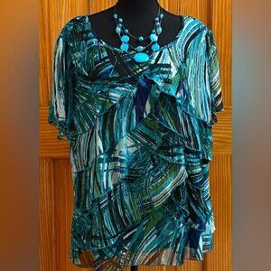 Sara Michelle Teal and Blue Abstract Blouse Size 2X